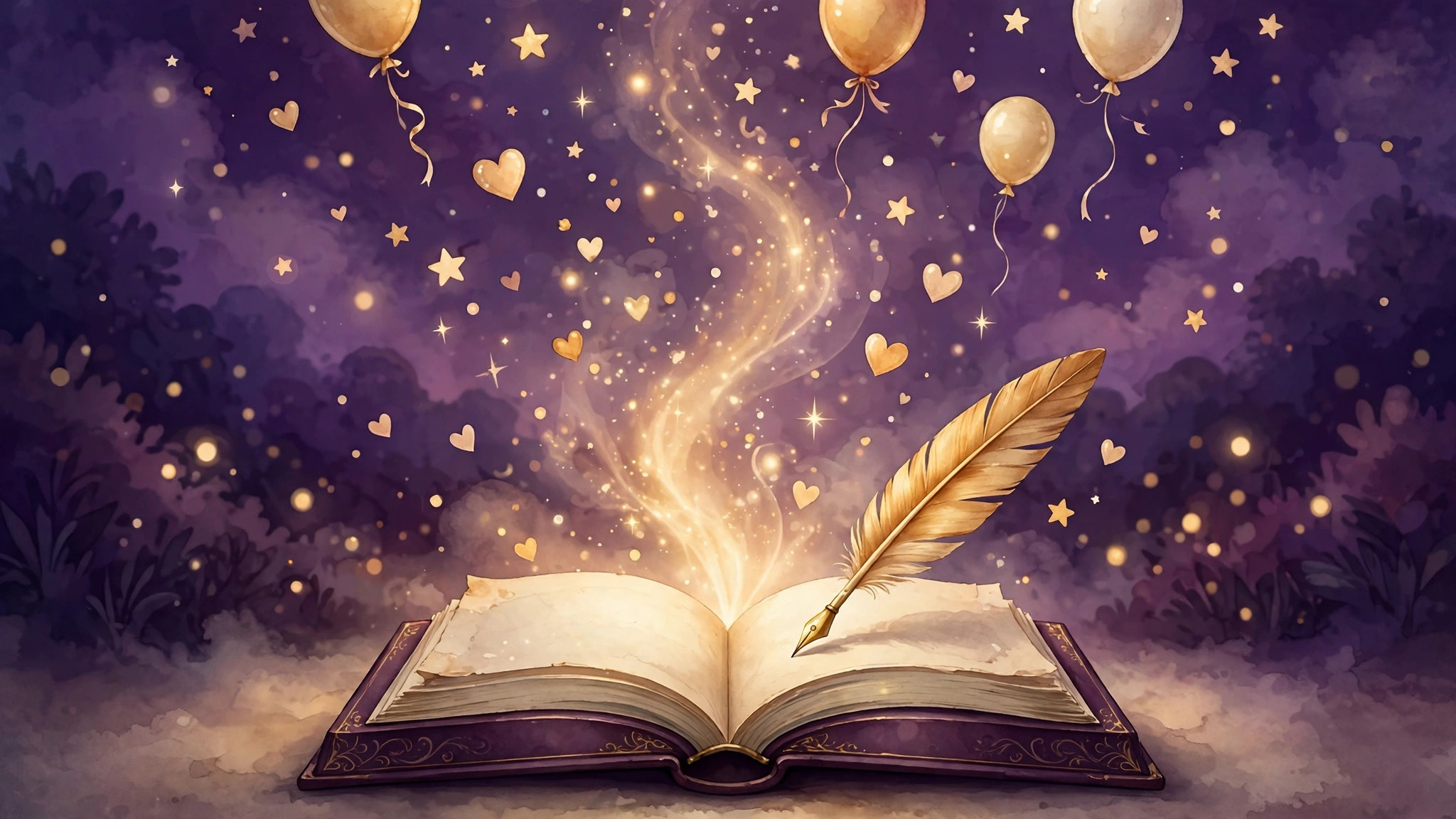 An open book with a golden quill, soft light, stars, hearts and balloons — quotes and wishes for every occasion